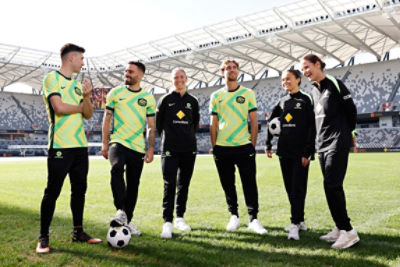 SYDNEY, AUSTRALIA - JUNE 19: (L-R) Augustine Murphy of the Pararoos, Anthony Caceres of the Socceroos, Clare Hunt of the Matildas, Ryan Teague of the Socceroos, Bryleeh Henry of the Matildas and Carly Salmon of the ParaMatildas during a CommBank Football Australia Announcement at CommBank Stadium on June 19, 2025 in Sydney, Australia. (Photo by Brendon Thorne/Getty Images)