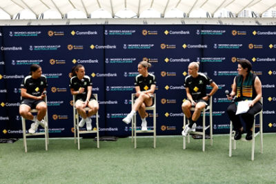 SYDNEY, AUSTRALIA - NOVEMBER 25: CommBank Matildas Sam Kerr, Hayley Raso, Steph Catley and Tameka Yallop along with Chief Operating Officer of the AFC Women’s Asian Cup 2026™ LOC, Sarah Walsh speak during a Commbank Partnership Announcement, where CommBank announced it will become the Official Regional Partner of the AFC Women's Asian Cup Australia 2026™, at CommBank Stadium on November 25, 2025 in Sydney, Australia.  (Photo by Brendon Thorne/Getty Images for CommBank)
