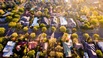 Birds eye view of suburban houses