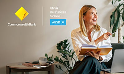 Women in the foreground with CommBank and UNSW Business School logos in the background