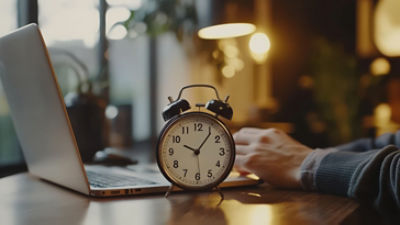 A close-up shot of a person working on a laptop with an alarm clock in the foreground, symbolizing the importance of time management and productivity in a modern workspace.