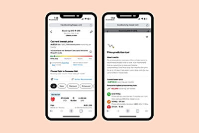 Two mobile phone screens displaying travelbooking.hopper.com web pages, including an example of a search for flights between Sydney and Denpasar, Bali, and an example of how the Price prediction tool works.
