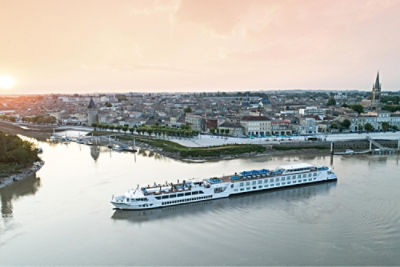 A Uniworld River Cruise cruise ship on the Garonne river in France.