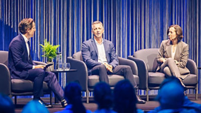 (L-R) Will Mailer, Prof. Michael J. Hiscox and Dr. Nurit Nobel at CommBank’s Momentum conference. Photo courtesy of Dr. Andreas Ludwig, CommBank BeSci team.