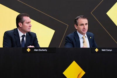 Commonwealth Bank CFO Alan Docherty (left) and CEO Matt Comyn (right) at the bank’s full year 2026 results briefing in Sydney on 12 August 2026. Credit: CBA / Nic Long