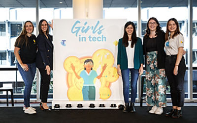 Girls in Tech’s keynote speakers (left to right) Chelsea Capizzi-Walsh, Commbank Executive Manager Crisis Management; Dr Vanessa Pirotta, wildlife scientist and conservationist; Fatemeh Salehi, Associate Professor in Mechanical Engineering, School of Engineering, Macquarie University; Evie Endacott, event MC and CommBank Analytics Researcher, Cyber Defence; and Tori Birch, CommBank technology graduate. 