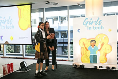 A student poses for a selfie with Dr Vanessa Pirotta, who spoke about how she has used drones to collect “whale snot” to assess whale health.