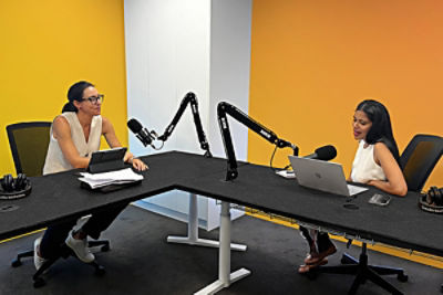 Sophie Gilder, CommBank and Shivani Gopal, Elladex in the podcast studio