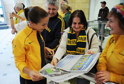 Matildas welcomed by family and friends upon the team's arrival at Sydney International Airport. (AAP Image/Dean Lewins) 