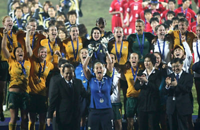 Matildas celebrate 2010 Women's Asian Cup final. Picture: AAP