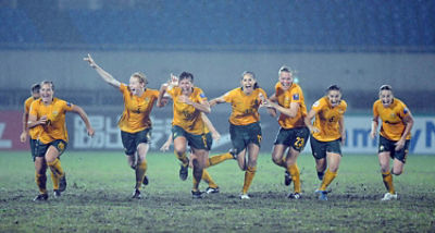 Australian players celebrate after winning the final match against North Korea at the AFC Women's Asian Cup 2010 in Chengdu in southwest China's Sichuan province on Sunday, May 30, 2010. Australia won the AFC Women's Asian Cup by defeating North Korea 6-5.(Photo By Evens Lee/Color China Photo/AP Images)