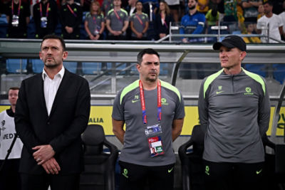 (L-R) Socceroos head coach Tony Popovic, along with assistant coaches Paul Okon and Hayden Foxe during the 2026 FIFA men's World Cup qualifier match between Australia and Indonesia at Allianz Stadium in Sydney, New South Wales, Thursday, March 20, 2025. (AAP Image/Dan Himbrechts) NO ARCHIVING, EDITORIAL USE ONLY