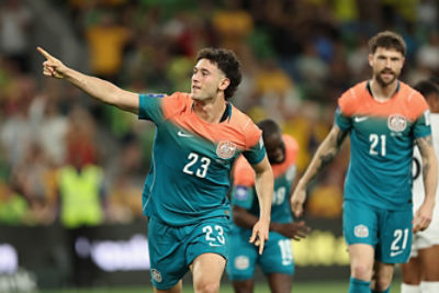 Alessandro Circati of Australia celebrates a goal during the FIFA Series 2026 match between the Socceroos and Curacao at AAMI Park in Melbourne, Tuesday, March 31, 2026. (AAP Image/Rob Prezioso) NO ARCHIVING, EDITORIAL USE ONLY