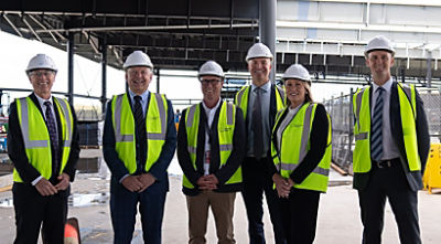 Leaders from Newcastle Airport and CommBank tour the new terminal site. (L-R): Newcastle Airport CEO Dr Peter Cock, CBA Executive Manager Regional & Agribusiness Banking Paul Cragg,  Newcastle Airport Executive GM Planning & Infrastructure Ben Kochanski, CBA Director Sustainable Finance Jacques de Haan, CBA General Manager Regional & Agribusiness Banking Vanessa Nolan-Woods, Newcastle Airport Chief Financial Officer Andrew McIntyre.