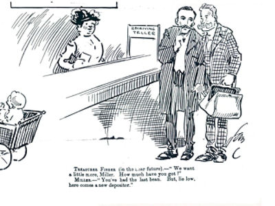 1912 political cartoon featuring featuring Federal Treasurer Andrew Fisher and Governor Denison Miller (Reserve Bank of Australia Archives)