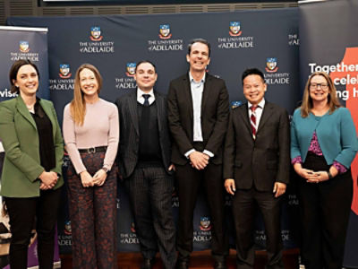 Pictured at the launch are (l-r) Sabina Streatfeild, Manager, Technology Skills Pipeline & Strategy, CBA; Professor Jessica Gallagher, Deputy Vice-Chancellor (External Engagement), University of Adelaide; Brendan Hopper, Chief Information Officer for Technology, CBA; Professor Simon Lucey, Director, AIML, University of Adelaide; The Hon. Tung Ngo MLC representing the Premier and Professor Laura Parry, Pro Vice-Chancellor (Research Excellence), University of Adelaide