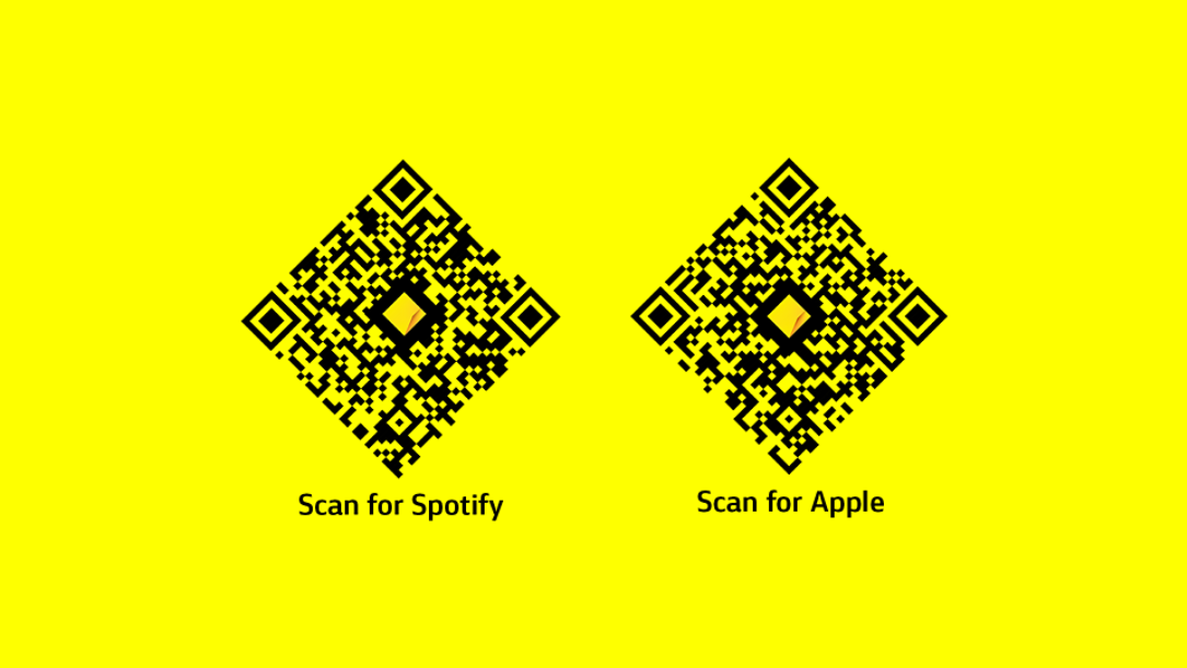 Scan the left QR code for Spotify or scan left QR code for Apple music, alternatively click the buttons on the left.