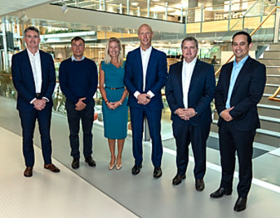 Photo L-R: Bart Thomson, CBA Executive Director, Carbon Alex Toone, CBA Executive General Manager Commodities, Trade and Carbon Yasmina Elshafei, CBA Managing Director Global Carbon Markets Andrew Hinchliff, CBA Group Executive Institutional Banking & Markets Ken Hancock, RLF AgTech Chief Executive Officer, Adam Santa Maria, Managing Director Affinity Capital Group.