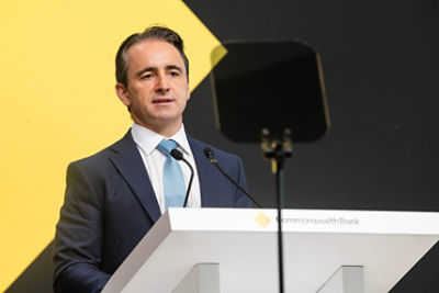 Commonwealth Bank CEO Matt Comyn speaking at the 2026 AGM in Sydney.