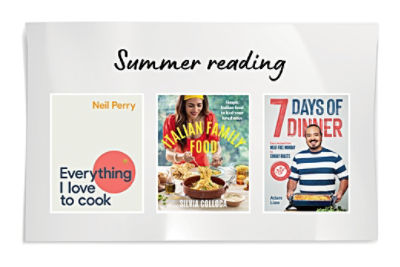 Image with Summer reading heading the the covers of three books: Everything I love to cook, Italian Family Food, 7 Days of Dinner