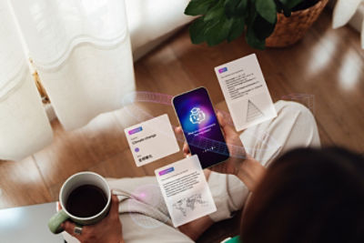 Lady sitting crossed legged, holding cup of coffe in left hand and mobile phone in right hand with hologram projection notices shown around the phone