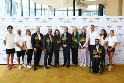 Brisbane 2032 Olympic & Paralympic Games Organising Committee partnership announcement. Pictured left to right: Calab Law, Tristan Knowles, Rae Anderson, Ian Chesterman, Andrew Liveris, Monique Macleod, Matt Comyn, Jo Boundy, Cindy Hook, Ian Thorpe, Grant Mizens, Jess Fox, Nina Kennedy.