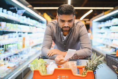 young man looking at grocery reciept. Credit: Adobe Stock