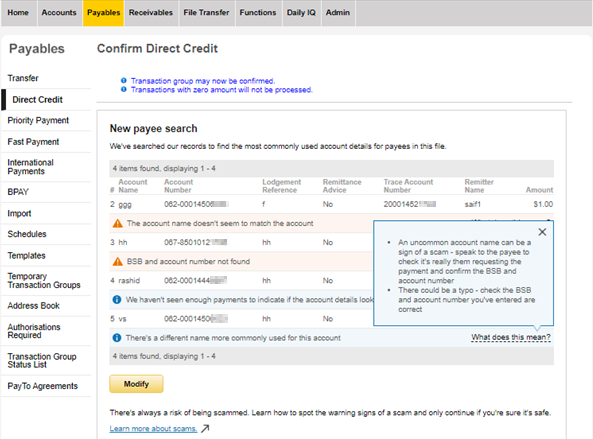 New payee search