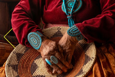 Senior Navajo woman with traditional turquoise jewellery 