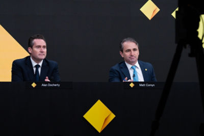 Commonwealth Bank CFO Alan Docherty (left) and CEO Matt Comyn (right) at the bank’s first-half 2026 results briefing in Sydney on 11 February 2026. Credit: Supplied - CBA/ Nic Long