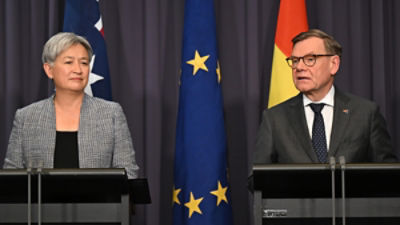 German Foreign Minister Dr Johann Wadephul (right) and Australian Foreign Minister Penny Wong speak to the media during a visit to Australia, at Parliament House in Canberra, Thursday, February 5, 2026.