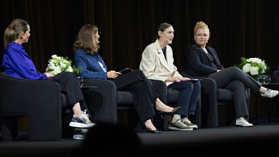 Mel Silva, Vice President and Managing Director, Google ANZ; Dr Nicole Gillespie, Chair of Trust and Professor of Management, University of Melbourne; Rachael McVitty, Chief Customer Officer, Bunnings; and Stephanie Crowe, Head Australian Cyber Security Centre, Australian Signals Directorate; on stage for the “Trust Under Pressure: Scaling AI” panel at Accelerate AI 2026.