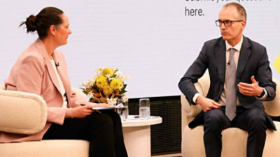 Commonwealth Bank Head of Australian Economics Belinda Allen talks to RBA Assistant Governor Christopher Kent at Commonwealth Bank's 2026 Global Markets Conference in Sydney.  Picture: Cassie Bedford for Commonwealth Bank