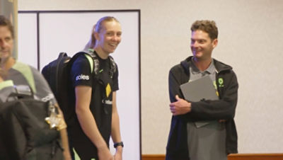 CommBank Matilda’s forward Holly McNamara and General Manager Benny Roche at the team training camp in Perth. Picture: CommBank Newsroom