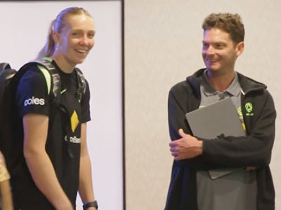  CommBank Matilda’s forward Holly McNamara and General Manager Benny Roche at the team training camp in Perth. Picture: CommBank Newsroom