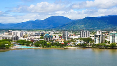 Aerial view of the Cairns waterfront as seen from a helicopter flying above the Coral Sea in northern Queensland, Australia By Alexandre ROSA