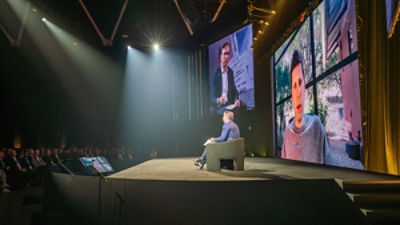 Matt Comyn on stage at Accelerate AI talking to OpenAI CEO Sam Altman. 