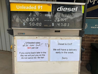 A supplied image shows a petrol pump with sign indicating a fuel shortage at a service station in Robinvale, Victoria, on Saturday, March 14, 2026. The Victorian town of Robinvale ran out of fuel on Saturday. (PR Image/Supplied by Nathan Falvo) 