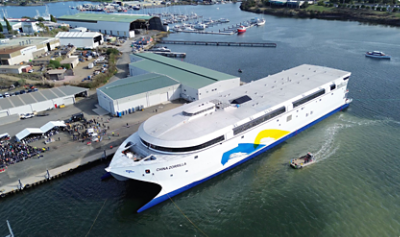 Hull 096, the world's largest battery-electric ferry. A 130-metre battery-electric flagship for Buquebus, carrying 2,100 passengers and 225 vehicles between Argentina and Uruguay.