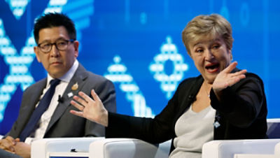 IMF Managing Director Kristalina Georgieva (R) speaks next to Thai Finance Minister Ekniti Nitithanprapas (L) during the IMF Debate on the Global Economy: Forging Resilient and Dynamic Economies for the Future side event at the 2026 Annual Meetings of the IMF and the World Bank Group in Bangkok, Thailand, 15 October 2026. More than 15,000 financial policymakers, central bank governors, and finance ministers from 191 countries gathered in Thailand for the meetings to discuss the global economic outlook, poverty eradication, and economic development. EPA/RUNGROJ YONGRIT