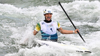 Australian canoeist Jessica Fox reacts after winning the Women's Canoe Single Final at Vaires-sur-Marne Nautical Stadium as part of the 2024 Paris Summer Olympic Games in Vaires-Sur-Marne, France, Wednesday, July 31, 2024. (AAP Image/Dean Lewins) 