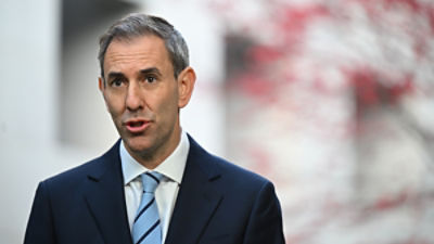 Australian Treasurer Jim Chalmers speaking outside Parliament House in Canberra. Picture: AAP