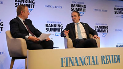 Commonwealth Bank CEO Matt Comyn talks to Financial Review Chanticleer columnist James Thomson at the AFR Banking Summit. Picture: Max Mason-Hubers/ AFR