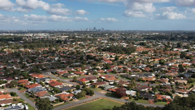 A general view over the suburb of Morley looking towards the city of Perth, Wednesday, May 25, 2022. (AAP Image/Richard Wainwright)