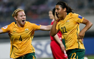 Australia's Sam Kerr celebrates with Clare Polkinghorne after scoring against North Korea during the final of the AFC Women's Asian Cup in Chengdu in 2010. Picture: AAP