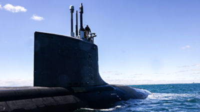 USS Minnesota (SSN-783) Virginia-class fast attack submarine off the coast of Perth, Western Australia, Sunday, March 16, 2025. (AAP Image/Pool, Colin Murty)