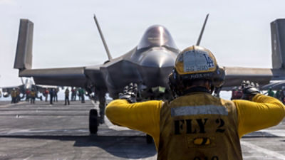 a F-35C Lightning preparing to launch from the USS Abraham Lincoln. Credit: US Navy/ AP