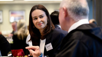 New South Wales Aboriginal Affairs Minister David Harris and Supply Nation Chief Executive Officer Kate Russell chat during the Indigenous Business Report launch at Business Sydney Events Centre in Sydney, Monday, July 7, 2025. (AAP Image/Steven Markham)