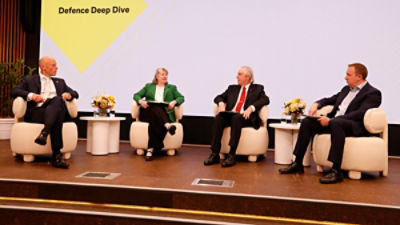 (left to right) Commonwealth Bank Group Chief Risk Officer Andrew Hinchliff, Defence Secretary Meghan Quinn PSM, Australian Naval Infrastructure Chair Ron Finlay AM, and Amentum Group Director Nuclear Submarines Neil Thumwood at CommBank’s 2026 Global Markets Conference.