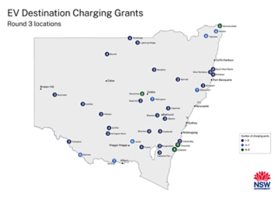 Map showing EV charger locations in regional NSW.